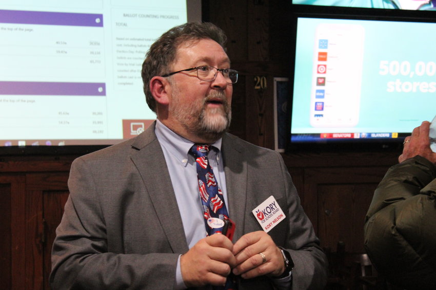 Kory Nelson speaks to supporters Nov. 5 at the Fox and Hound restaurant in Lone Tree as they keep tabs on the 2019 school board election.